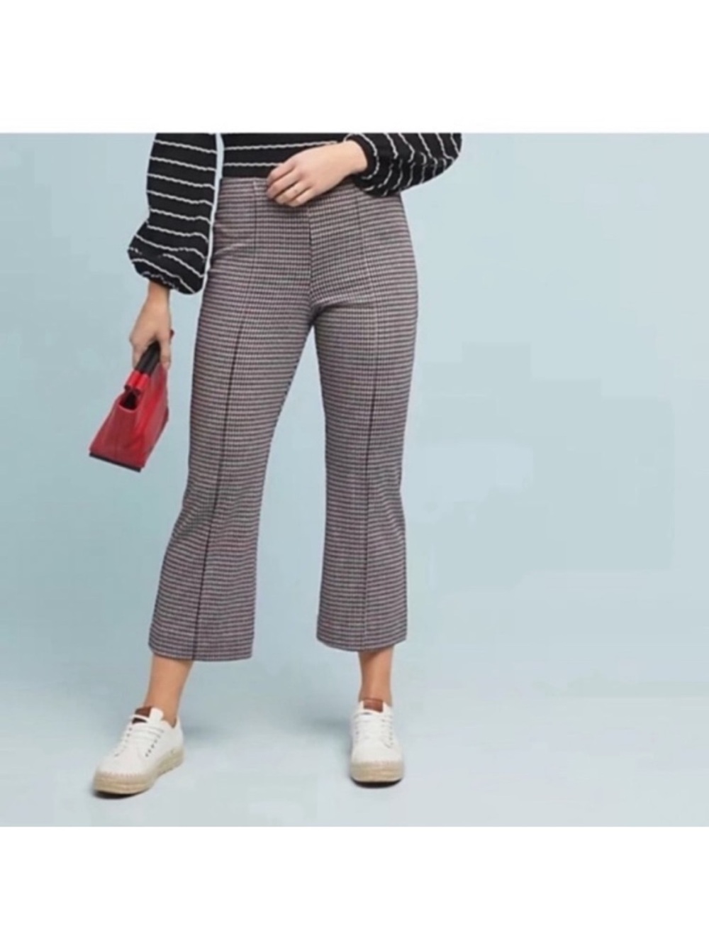 Anthropologie Cartonnier Houndstooth Flare Crop Pants Size 12 Stretch Knit